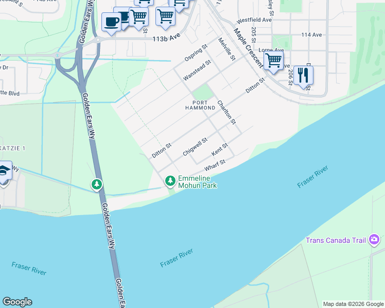 map of restaurants, bars, coffee shops, grocery stores, and more near 20266 Chigwell Street in Maple Ridge