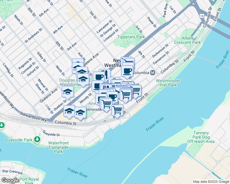map of restaurants, bars, coffee shops, grocery stores, and more near 50 Lorne Street in New Westminster