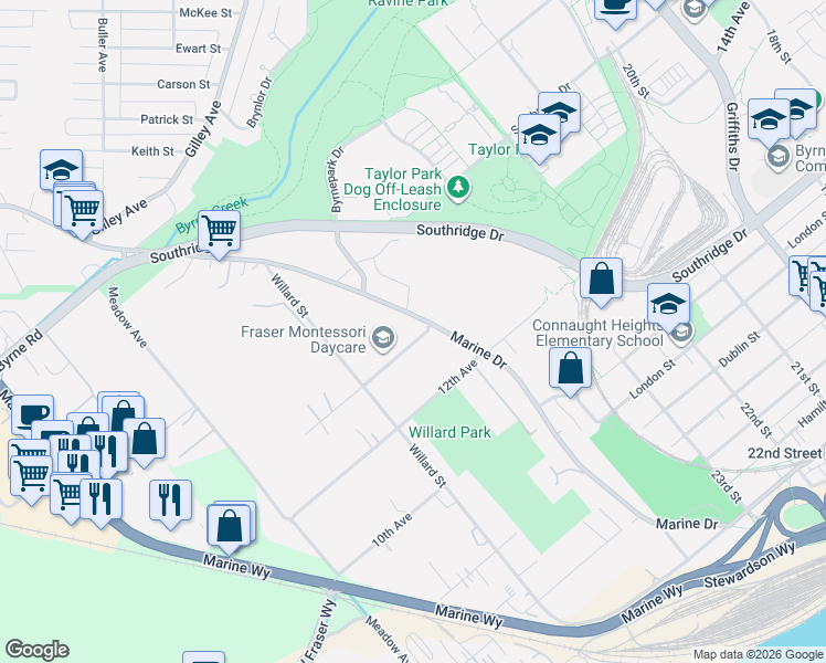 map of restaurants, bars, coffee shops, grocery stores, and more near 6341 14th Avenue in Burnaby