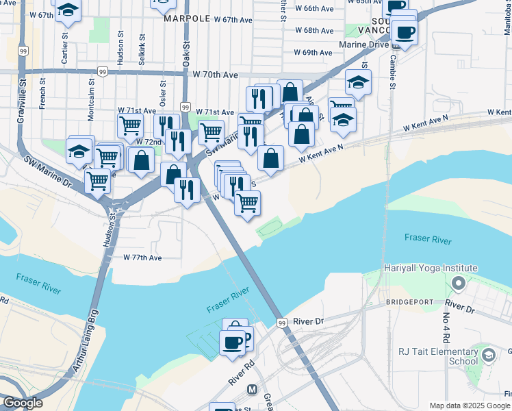 map of restaurants, bars, coffee shops, grocery stores, and more near in Vancouver