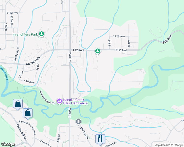 map of restaurants, bars, coffee shops, grocery stores, and more near 24125 110 Avenue in Maple Ridge