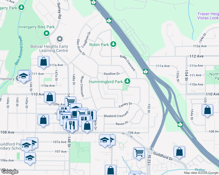 map of restaurants, bars, coffee shops, grocery stores, and more near 10974 Jay Crescent in Surrey