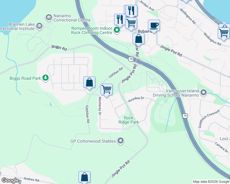 map of restaurants, bars, coffee shops, grocery stores, and more near 3744 Delia Terrace in Nanaimo
