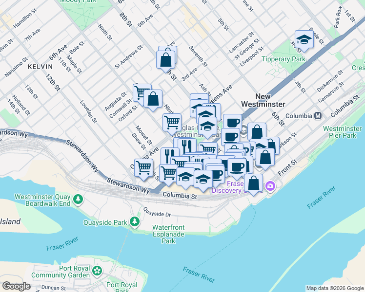 map of restaurants, bars, coffee shops, grocery stores, and more near 121 10th Street in New Westminster
