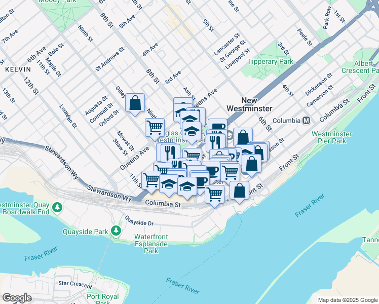 map of restaurants, bars, coffee shops, grocery stores, and more near 823 Royal Avenue in New Westminster