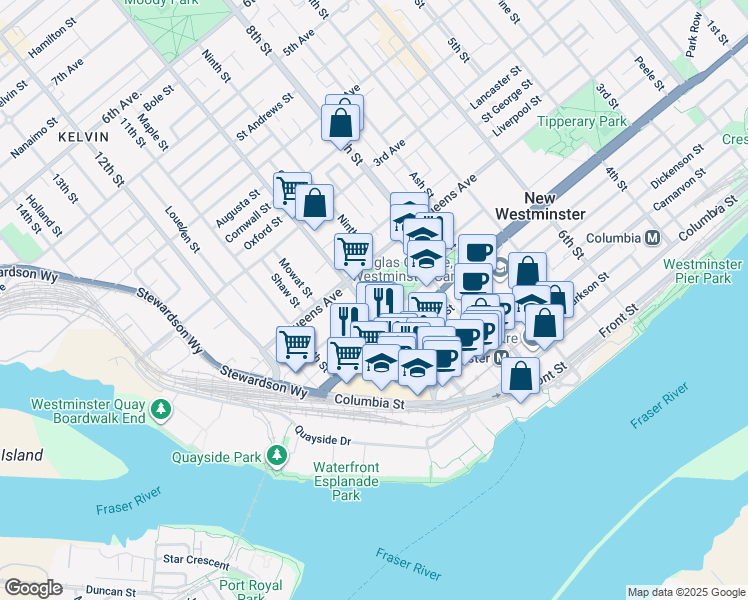 map of restaurants, bars, coffee shops, grocery stores, and more near 121 10th Street in New Westminster