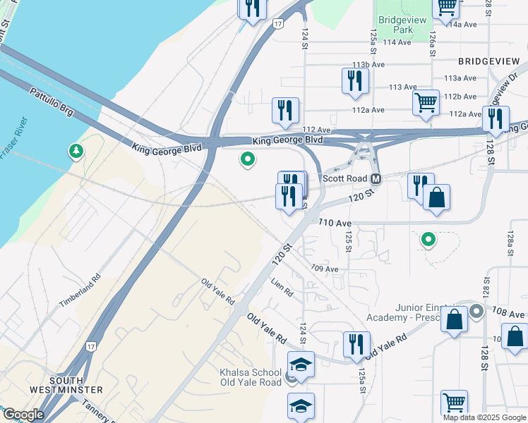 map of restaurants, bars, coffee shops, grocery stores, and more near 12350 Pattullo Place in Surrey