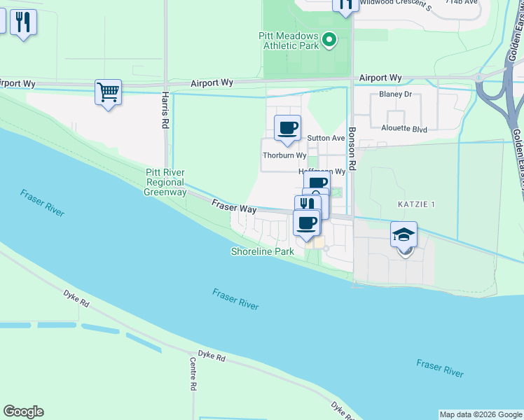 map of restaurants, bars, coffee shops, grocery stores, and more near Fraser Way in Pitt Meadows