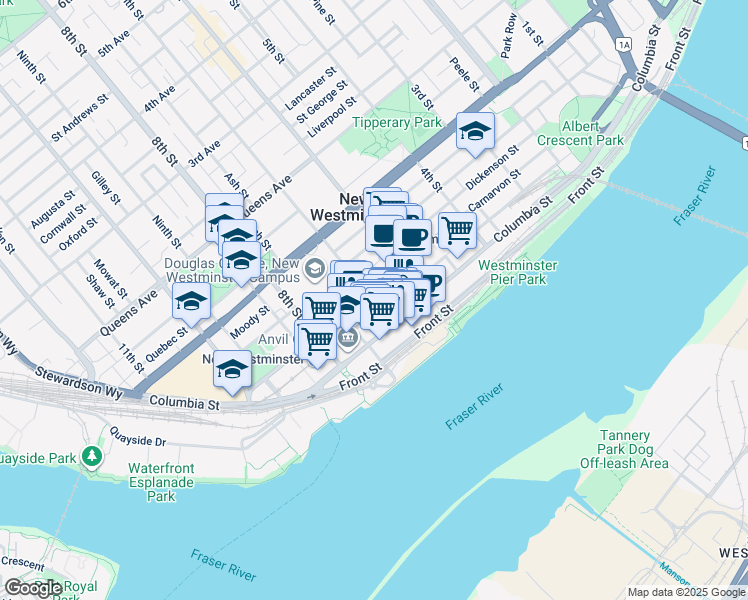 map of restaurants, bars, coffee shops, grocery stores, and more near 653 Clarkson Street in New Westminster
