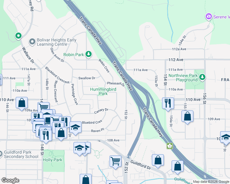map of restaurants, bars, coffee shops, grocery stores, and more near Swan Crescent in Surrey