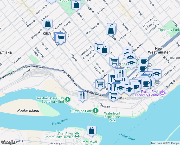 map of restaurants, bars, coffee shops, grocery stores, and more near 220 11th Street in New Westminster