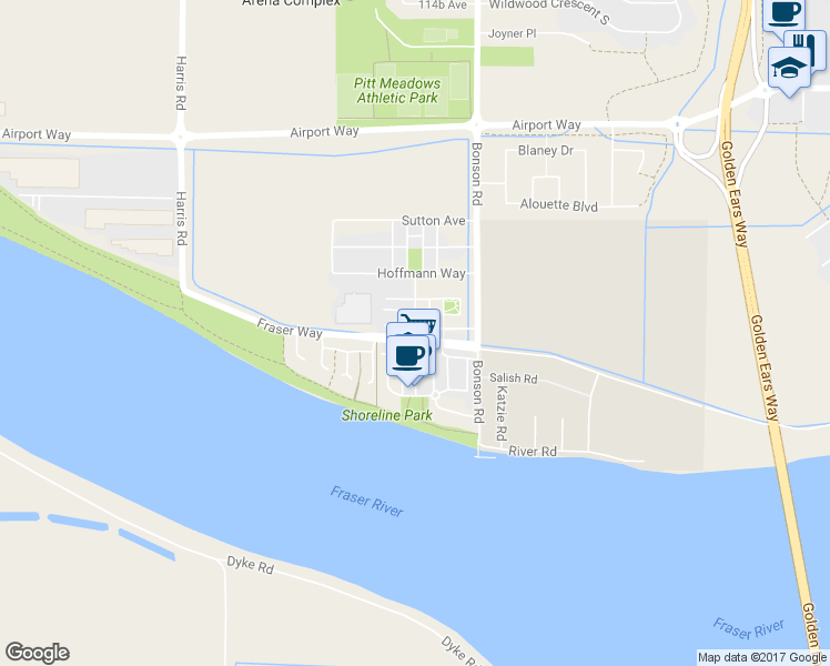 map of restaurants, bars, coffee shops, grocery stores, and more near Barnston View Road in Pitt Meadows
