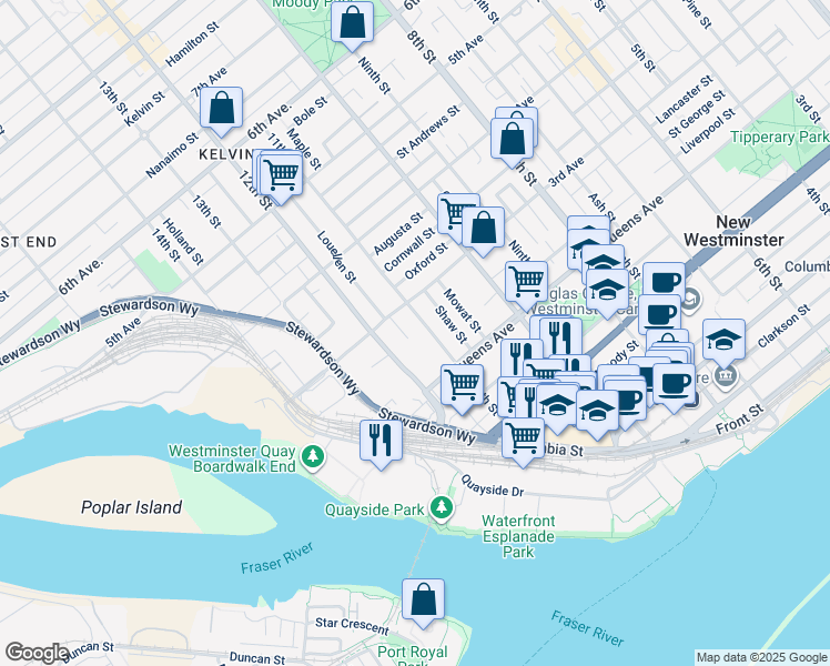 map of restaurants, bars, coffee shops, grocery stores, and more near 220 11th Street in New Westminster