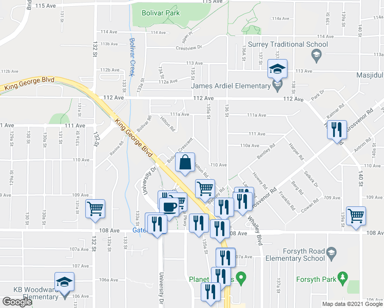 map of restaurants, bars, coffee shops, grocery stores, and more near 13481 Hilton Road in Surrey