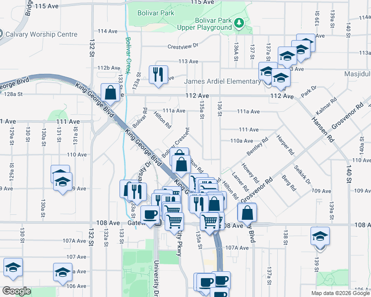 map of restaurants, bars, coffee shops, grocery stores, and more near in Surrey