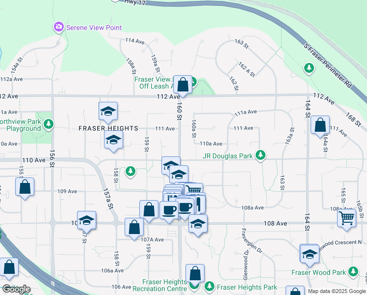 map of restaurants, bars, coffee shops, grocery stores, and more near 11048 160 Street in Surrey
