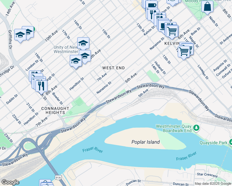 map of restaurants, bars, coffee shops, grocery stores, and more near 1702 6th Avenue in New Westminster