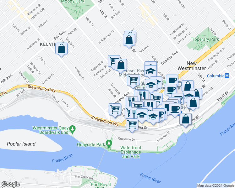 map of restaurants, bars, coffee shops, grocery stores, and more near 206 Mowat Street in New Westminster