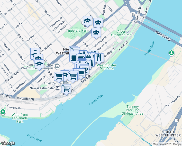map of restaurants, bars, coffee shops, grocery stores, and more near in New Westminster