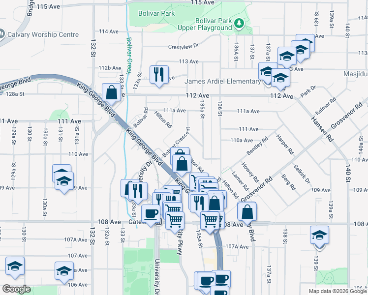 map of restaurants, bars, coffee shops, grocery stores, and more near 13475 Hilton Road in Surrey