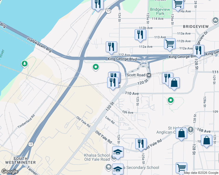 map of restaurants, bars, coffee shops, grocery stores, and more near Pattullo Place in Surrey