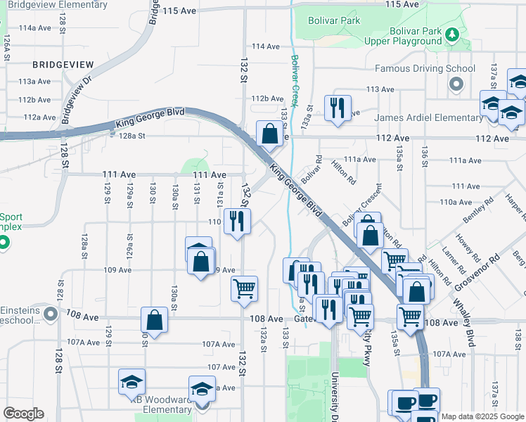 map of restaurants, bars, coffee shops, grocery stores, and more near 11035 Ravine Road in Surrey