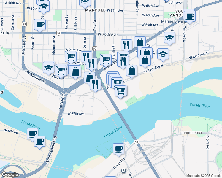 map of restaurants, bars, coffee shops, grocery stores, and more near in Vancouver