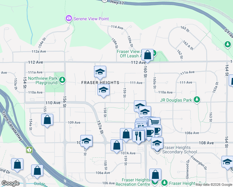 map of restaurants, bars, coffee shops, grocery stores, and more near 11060 158B Street in Surrey