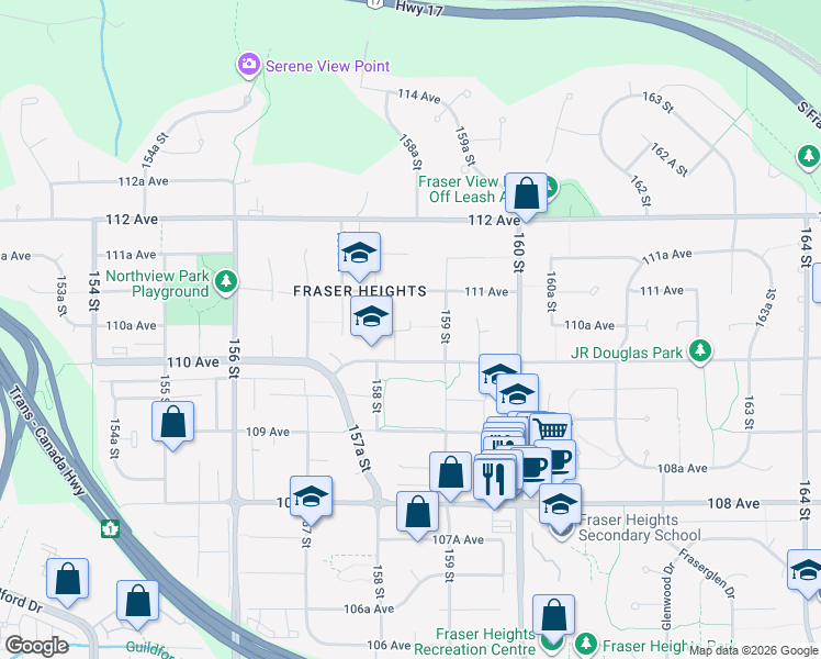 map of restaurants, bars, coffee shops, grocery stores, and more near 11060 158B Street in Surrey