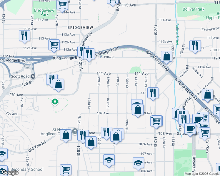 map of restaurants, bars, coffee shops, grocery stores, and more near 11028 129A Street in Surrey