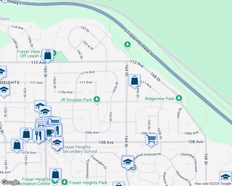 map of restaurants, bars, coffee shops, grocery stores, and more near 16377 110A Avenue in Surrey