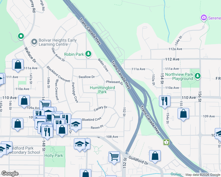 map of restaurants, bars, coffee shops, grocery stores, and more near 11064 Swan Crescent in Surrey