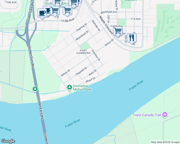map of restaurants, bars, coffee shops, grocery stores, and more near 20317 Kent Street in Maple Ridge