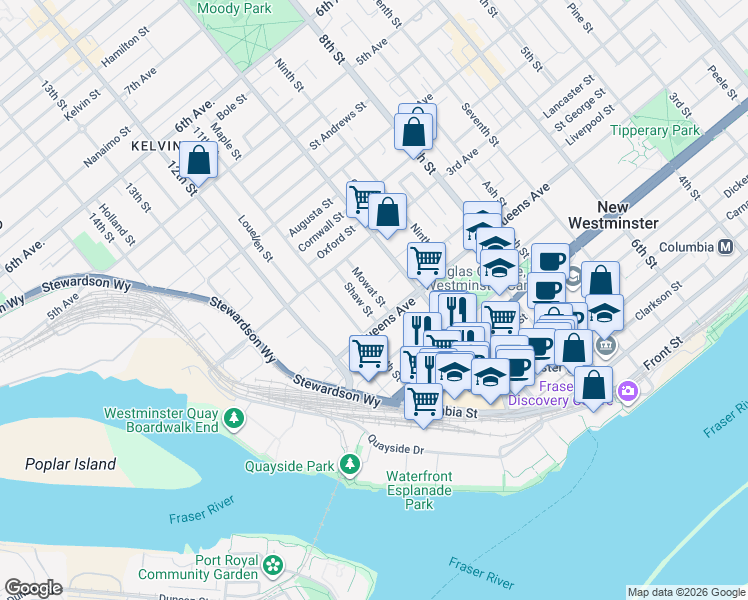 map of restaurants, bars, coffee shops, grocery stores, and more near 212 Mowat Street in New Westminster
