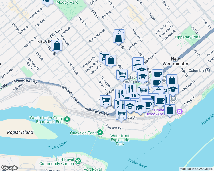 map of restaurants, bars, coffee shops, grocery stores, and more near 212 Mowat Street in New Westminster