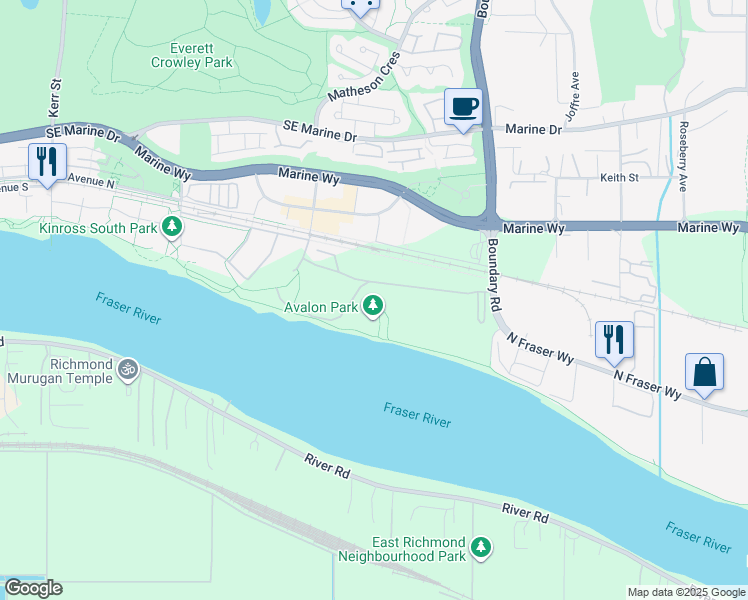 map of restaurants, bars, coffee shops, grocery stores, and more near 8633 River District Crossing in Vancouver