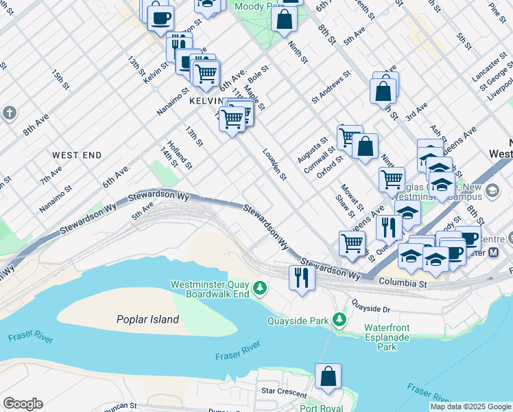 map of restaurants, bars, coffee shops, grocery stores, and more near 325 13th Street in New Westminster
