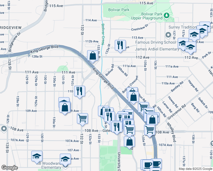 map of restaurants, bars, coffee shops, grocery stores, and more near 13360 King George Boulevard in Surrey