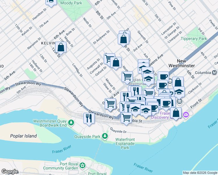 map of restaurants, bars, coffee shops, grocery stores, and more near 215 Shaw Street in New Westminster