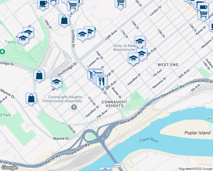 map of restaurants, bars, coffee shops, grocery stores, and more near 1931 8th Avenue in New Westminster