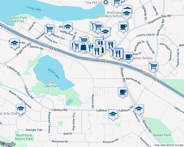 map of restaurants, bars, coffee shops, grocery stores, and more near 3440 Shenton Road in Nanaimo