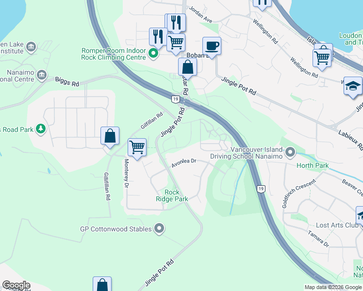 map of restaurants, bars, coffee shops, grocery stores, and more near 3808 Avonlea Drive in Nanaimo