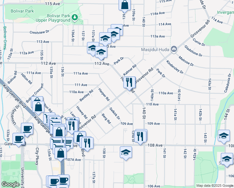 map of restaurants, bars, coffee shops, grocery stores, and more near 13873 Grosvenor Road in Surrey