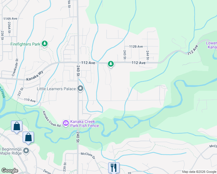 map of restaurants, bars, coffee shops, grocery stores, and more near 24185 110 Avenue in Maple Ridge