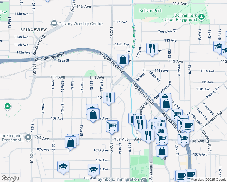 map of restaurants, bars, coffee shops, grocery stores, and more near 11058 132 Street in Surrey