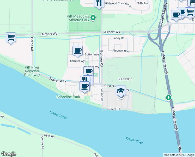 map of restaurants, bars, coffee shops, grocery stores, and more near 19590 Shinglebolt Crescent in Pitt Meadows