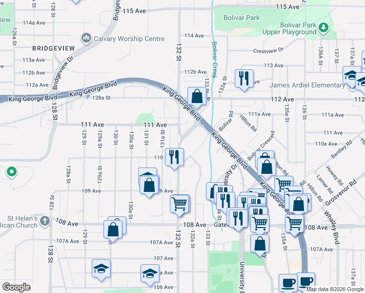 map of restaurants, bars, coffee shops, grocery stores, and more near 11058 132 Street in Surrey