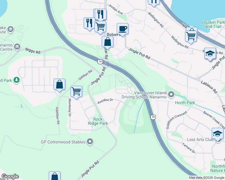 map of restaurants, bars, coffee shops, grocery stores, and more near 3793 Marjorie Way in Nanaimo