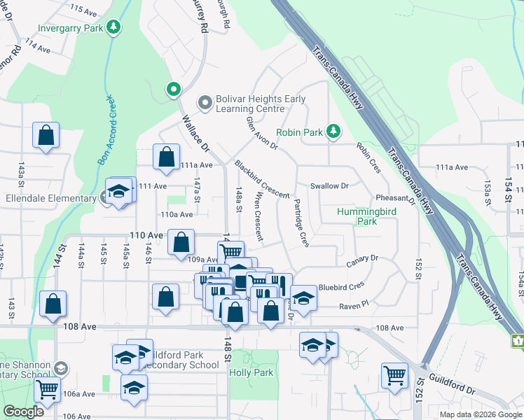 map of restaurants, bars, coffee shops, grocery stores, and more near 11060 Wren Crescent in Surrey