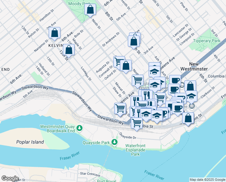 map of restaurants, bars, coffee shops, grocery stores, and more near 221 11th Street in New Westminster